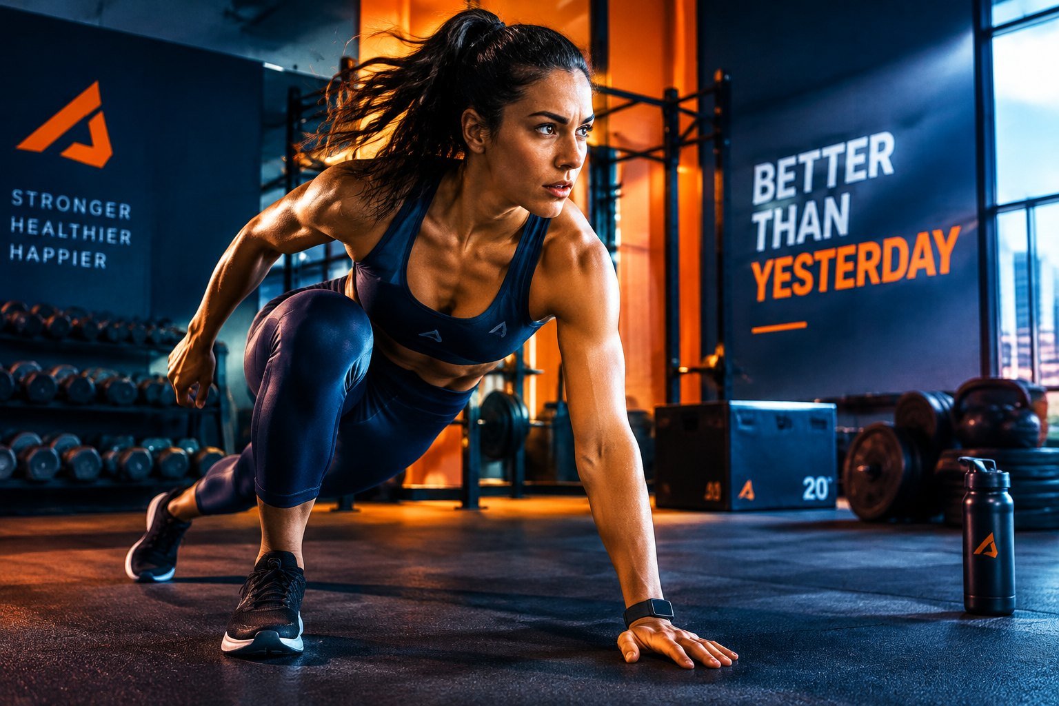 Athlete in a lunge stretch inside a modern gym