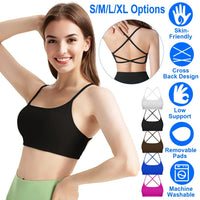 Women Cross Back Sport Bras Padded StrappyÊCrop Open Back Low Impact Bras SexyÊFitnessÊTank Tops with Removable Pads Thin Straps for Gym Yoga Workout