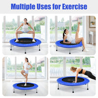 Blue mini folding trampoline for recreational bouncing