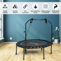 Fitness rebounder with resistance bands and handrail