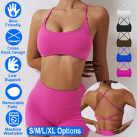 Women Cross Back Sport Bras Padded StrappyÊCrop Open Back Low Impact Bras SexyÊFitnessÊTank Tops with Removable Pads Thin Straps for Gym Yoga Workout