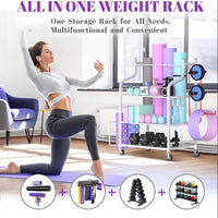 Yoga mat storage rack for dumbbells and kettlebells