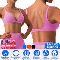 Women Deep V-Neck Sports Bras U-Shaped Back Sport Bras Padded StrappyÊCrop Open Back Low Impact Bras SexyÊFitnessÊTank Tops with Removable Pads for Gy