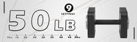Adjustable dumbbells 9 settings from 10LB to 50LB weight range diagram