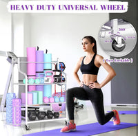Home gym storage rack with yoga mats and equipment