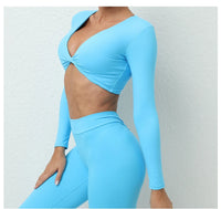Long Sleeve Gym Crop Tops for Women Twist Deep V Workout Quick Dry Padded Sports Fitness Yoga T-Shirt