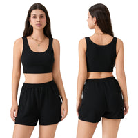 Women 2 Piece Sets Summer Fitness Short Sets Sleeveless Square Neck Crop Vest + Loose Shorts Casual Tracksuits