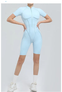 Summer Zipper Workout Jumpsuit Sports Overalls Women Running Fitness Short Sleeve Yoga Bodysuit