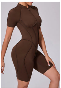 Summer Zipper Workout Jumpsuit Sports Overalls Women Running Fitness Short Sleeve Yoga Bodysuit