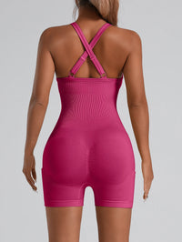 Adjustable Crisscross Back Fitness One Piece Jumpsuit Side Phone Pocket Tummy Control Athletic Yoga Bodysuit