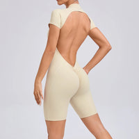Padded Backless Yoga Cycling jumpsuit  Women Zipper GYM Sportswear Fitness One Piece Sports Suit V Back Workout Playsuit