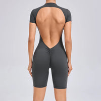 Padded Backless Yoga Cycling jumpsuit  Women Zipper GYM Sportswear Fitness One Piece Sports Suit V Back Workout Playsuit