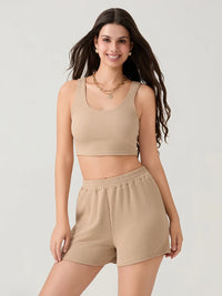 Women 2 Piece Sets Summer Fitness Short Sets Sleeveless Square Neck Crop Vest + Loose Shorts Casual Tracksuits