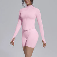 Women's Seamless Yoga Sets Sports Fitness Gym Zipper Long-Sleeve Jacket Hip Lift High-Waist Shorts Suits Workout Training Sets