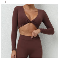 Long Sleeve Gym Crop Tops for Women Twist Deep V Workout Quick Dry Padded Sports Fitness Yoga T-Shirt