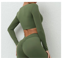 Long Sleeve Gym Crop Tops for Women Twist Deep V Workout Quick Dry Padded Sports Fitness Yoga T-Shirt