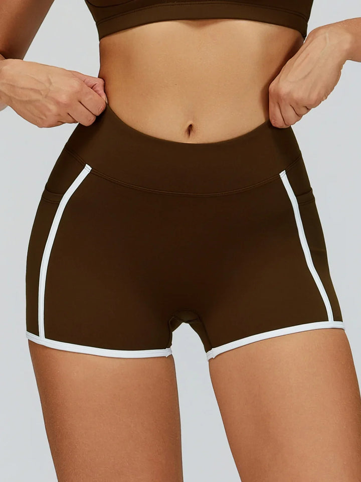 Tight Fitting Hip Yoga Shorts Women Color Contrast High Waist Pocket Fitness Pants Outdoor Scrunch Sports Running Biker Shorts
