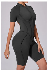 Summer Zipper Workout Jumpsuit Sports Overalls Women Running Fitness Short Sleeve Yoga Bodysuit