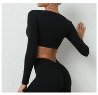 Long Sleeve Gym Crop Tops for Women Twist Deep V Workout Quick Dry Padded Sports Fitness Yoga T-Shirt