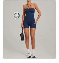 Womens Two Way Wear Bodysuit Sleeveless Yoga Stretch One Piece Romper Sexy Fitness Side Pockets Sportwears Bodysuit