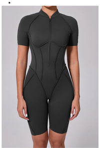 Summer Zipper Workout Jumpsuit Sports Overalls Women Running Fitness Short Sleeve Yoga Bodysuit
