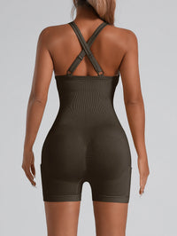 Adjustable Crisscross Back Fitness One Piece Jumpsuit Side Phone Pocket Tummy Control Athletic Yoga Bodysuit