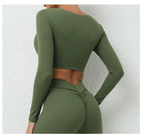 Long Sleeve Gym Crop Tops for Women Twist Deep V Workout Quick Dry Padded Sports Fitness Yoga T-Shirt