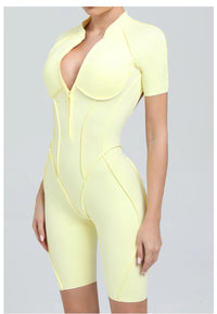 Summer Zipper Workout Jumpsuit Sports Overalls Women Running Fitness Short Sleeve Yoga Bodysuit