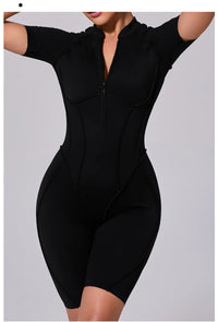 Summer Zipper Workout Jumpsuit Sports Overalls Women Running Fitness Short Sleeve Yoga Bodysuit