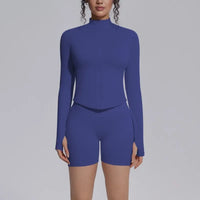 Women's Seamless Yoga Sets Sports Fitness Gym Zipper Long-Sleeve Jacket Hip Lift High-Waist Shorts Suits Workout Training Sets