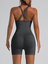 Adjustable Crisscross Back Fitness One Piece Jumpsuit Side Phone Pocket Tummy Control Athletic Yoga Bodysuit