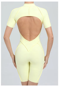 Summer Zipper Workout Jumpsuit Sports Overalls Women Running Fitness Short Sleeve Yoga Bodysuit
