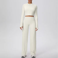Women’s Seamless Yoga Set with long sleeve top and wide-leg pants