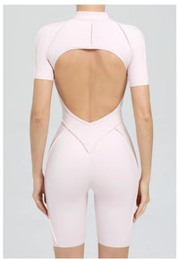 Summer Zipper Workout Jumpsuit Sports Overalls Women Running Fitness Short Sleeve Yoga Bodysuit