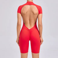 Padded Backless Yoga Cycling jumpsuit  Women Zipper GYM Sportswear Fitness One Piece Sports Suit V Back Workout Playsuit