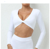 Long Sleeve Gym Crop Tops for Women Twist Deep V Workout Quick Dry Padded Sports Fitness Yoga T-Shirt