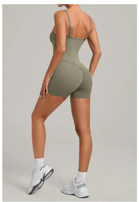 Womens Two Way Wear Bodysuit Sleeveless Yoga Stretch One Piece Romper Sexy Fitness Side Pockets Sportwears Bodysuit