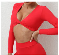 Long Sleeve Gym Crop Tops for Women Twist Deep V Workout Quick Dry Padded Sports Fitness Yoga T-Shirt