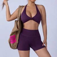 2PCS Nude Sexy Yoga Set Halter Neck Sports Bra And Shorts Breathable Fitness Training Underwear Slimming Beautiful Back Design