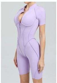 Summer Zipper Workout Jumpsuit Sports Overalls Women Running Fitness Short Sleeve Yoga Bodysuit