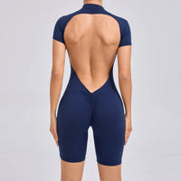 Padded Backless Yoga Cycling jumpsuit  Women Zipper GYM Sportswear Fitness One Piece Sports Suit V Back Workout Playsuit