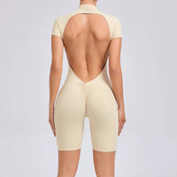Padded Backless Yoga Cycling jumpsuit  Women Zipper GYM Sportswear Fitness One Piece Sports Suit V Back Workout Playsuit