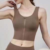 Women Sports Vest Sleeveless Round Neck Zipper Closure Fitness Bra Seamless Fabric Front Zipper Removable Chest Pad Underwear