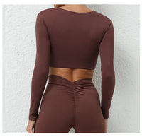 Long Sleeve Gym Crop Tops for Women Twist Deep V Workout Quick Dry Padded Sports Fitness Yoga T-Shirt