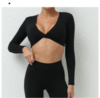 Long Sleeve Gym Crop Tops for Women Twist Deep V Workout Quick Dry Padded Sports Fitness Yoga T-Shirt