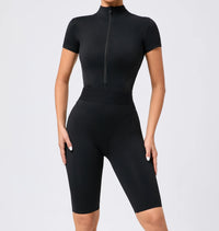 Women's One-Piece Suit Zipper Short Sleeve Gym Push Up Workout Clothes Fitness Short Bodysuit Sportswear Jumpsuits