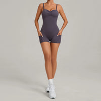 Womens Two Way Wear Bodysuit Sleeveless Yoga Stretch One Piece Romper Sexy Fitness Side Pockets Sportwears Bodysuit