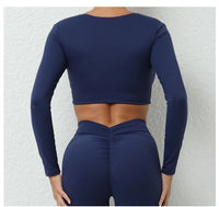 Long Sleeve Gym Crop Tops for Women Twist Deep V Workout Quick Dry Padded Sports Fitness Yoga T-Shirt