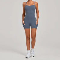 Womens Two Way Wear Bodysuit Sleeveless Yoga Stretch One Piece Romper Sexy Fitness Side Pockets Sportwears Bodysuit
