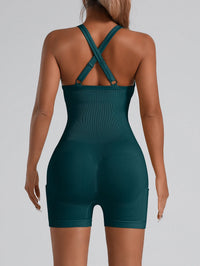 Adjustable Crisscross Back Fitness One Piece Jumpsuit Side Phone Pocket Tummy Control Athletic Yoga Bodysuit